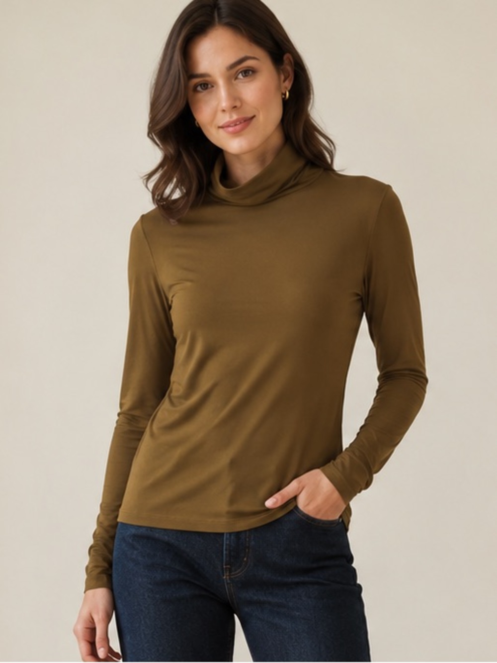 RD Style Sarah Walnut Stretch Jersey Turtleneck Top Small
